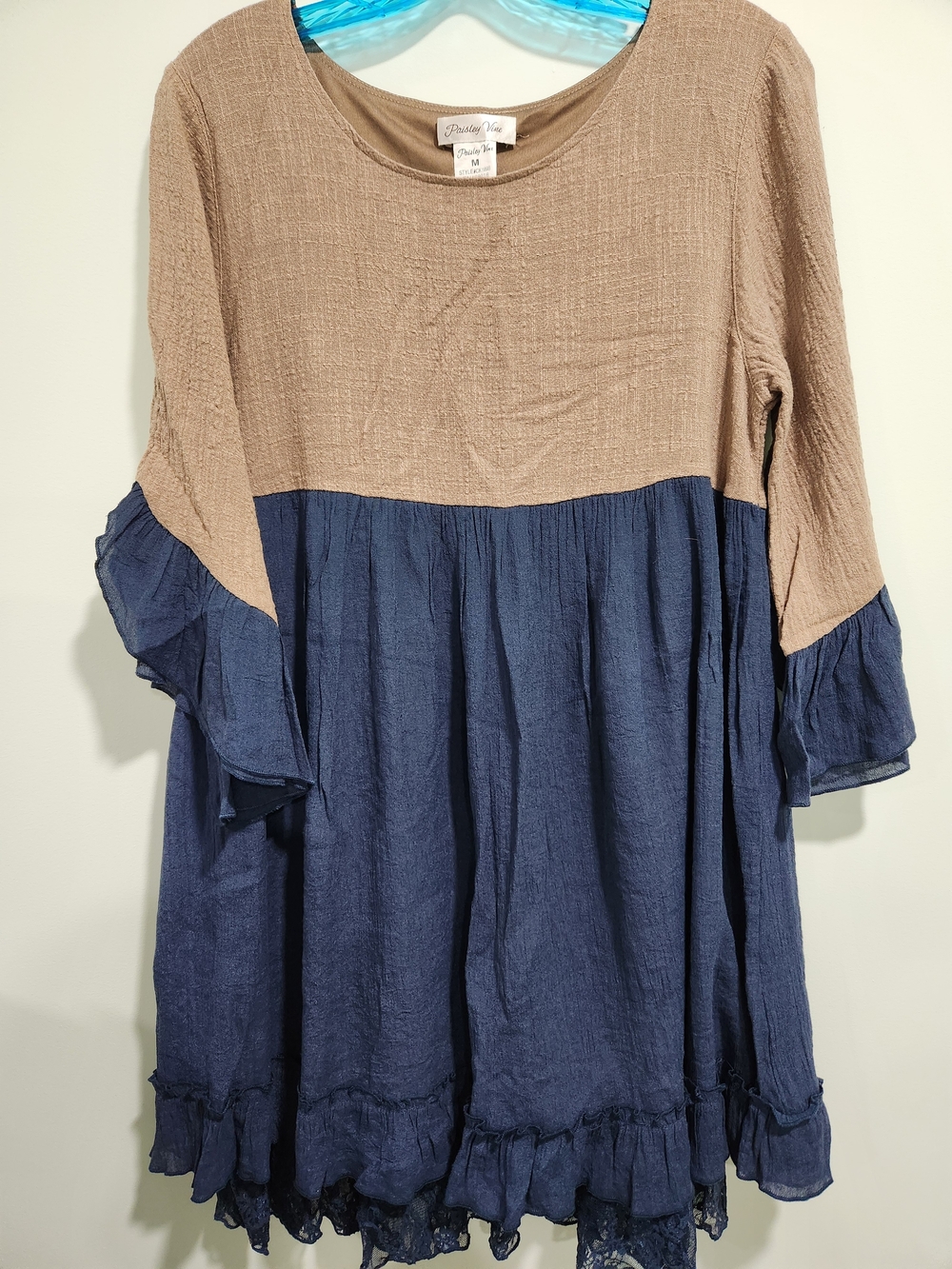 Two-Tone Navy and Tan Ruffle Hem Dress